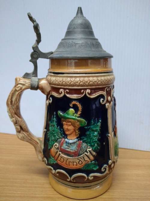 Vintage Jäger and Dirnd`l Stein with Pewter Lid