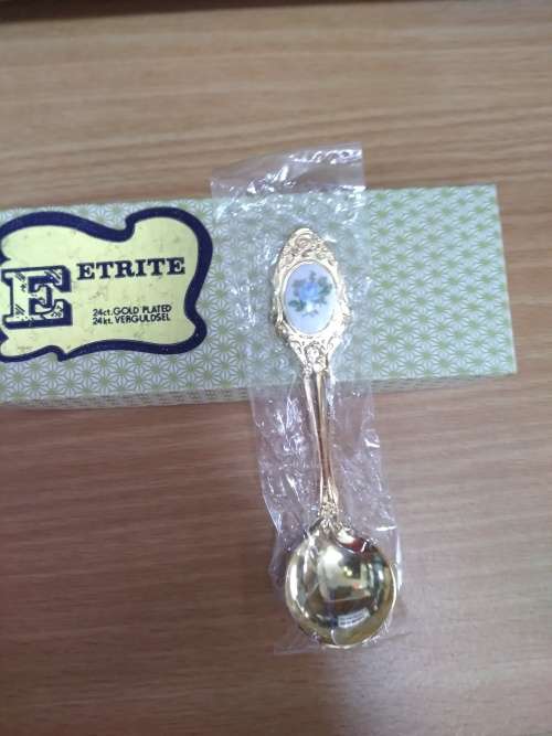 Eetrite 24ct Gold Plated Sugar Spoon Blue Rose Detail