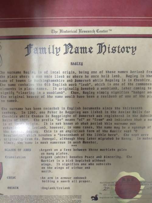 Framed Family Name History of Bagley