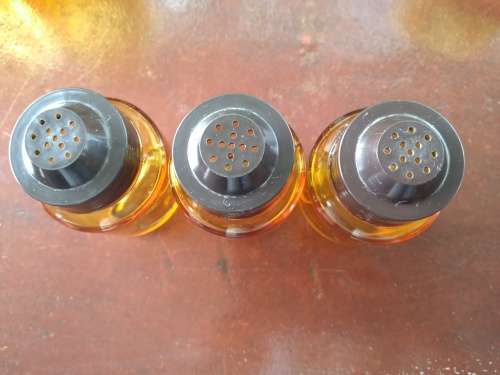 Amber Arcoroc France Cups x 5 + Unmarked Pitcher + 3 x Shakers
