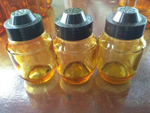 Amber Arcoroc France Cups x 5 + Unmarked Pitcher + 3 x Shakers