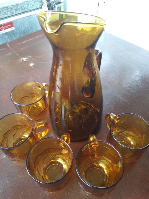 Amber Arcoroc France Cups x 5 + Unmarked Pitcher + 3 x Shakers