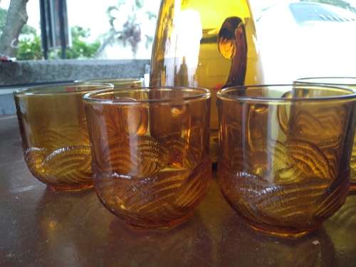 Amber Arcoroc France Cups x 5 + Unmarked Pitcher + 3 x Shakers