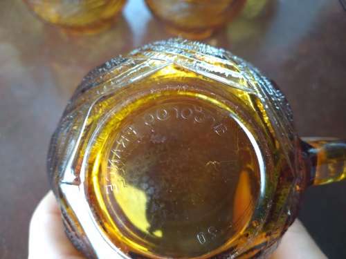 Amber Arcoroc France Cups x 5 + Unmarked Pitcher + 3 x Shakers