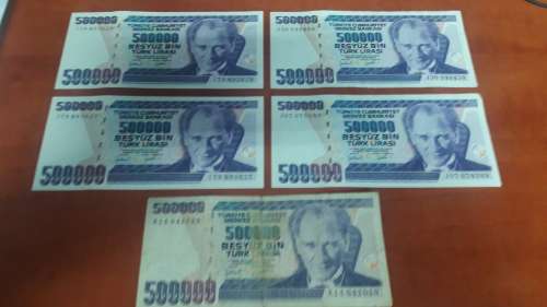 Lot of 5 x 500 000 Old Turkish Lira Notes