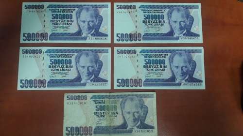 Lot of 5 x 500 000 Old Turkish Lira Notes