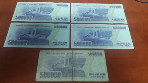Lot of 5 x 500 000 Old Turkish Lira Notes