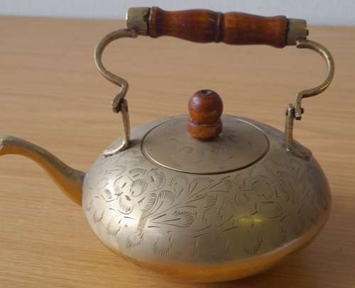 Vintage Small Brass Teapot Etched With Wood Handle Footed Indian