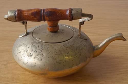 Vintage Small Brass Teapot Etched With Wood Handle Footed Indian