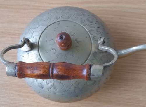 Vintage Small Brass Teapot Etched With Wood Handle Footed Indian