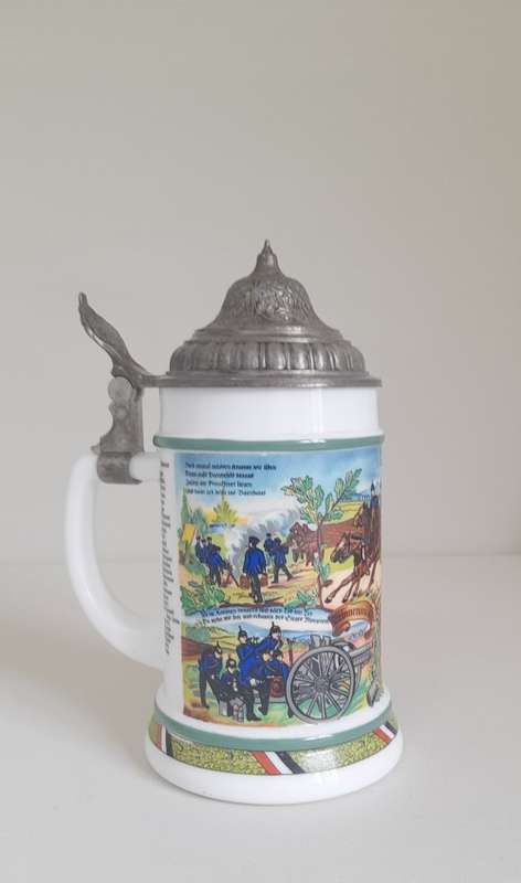 Original BMF Bierseidel Regimental German Milk Glass Pewter Lidded Beer Stein