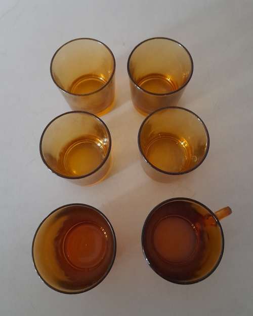 Odd Set Amber Glassware,  5 Glasses & 1 Cup  