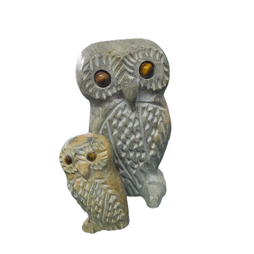 Stone Carved Owls with Tiger`s Eye Eyes, Mom and Baby