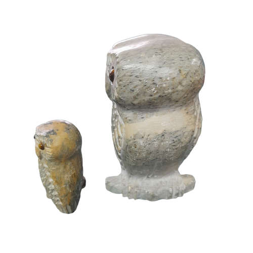 Stone Carved Owls with Tiger`s Eye Eyes, Mom and Baby