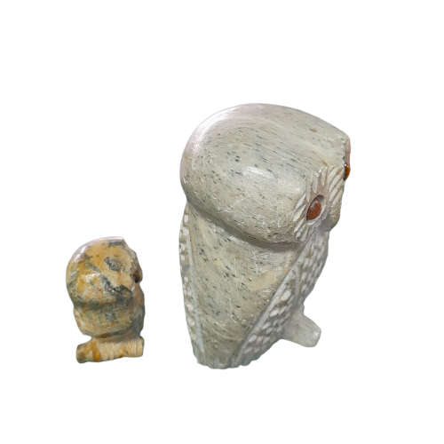 Stone Carved Owls with Tiger`s Eye Eyes, Mom and Baby