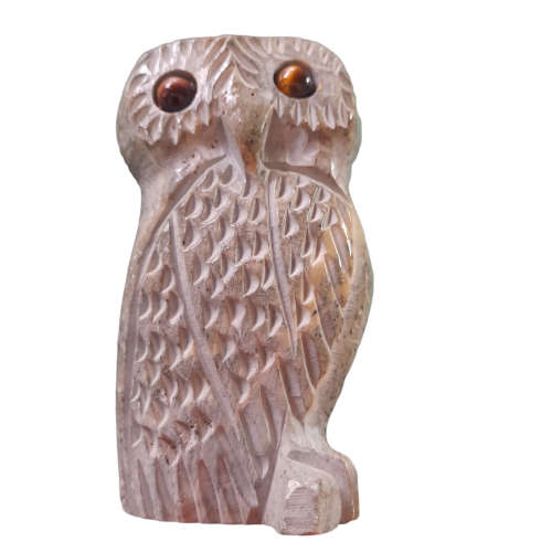 Stone Carved Owls with Tiger`s Eye Eyes, Mom and Baby