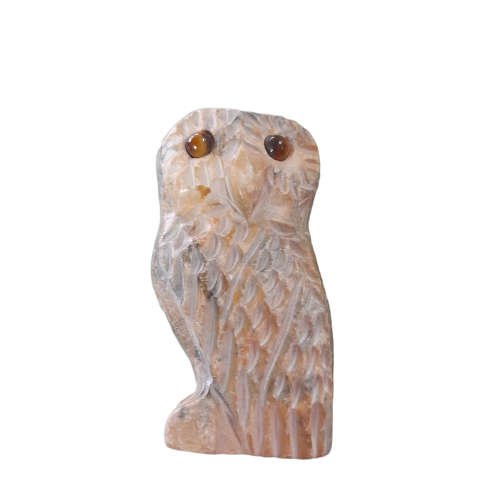 Stone Carved Owls with Tiger`s Eye Eyes, Mom and Baby