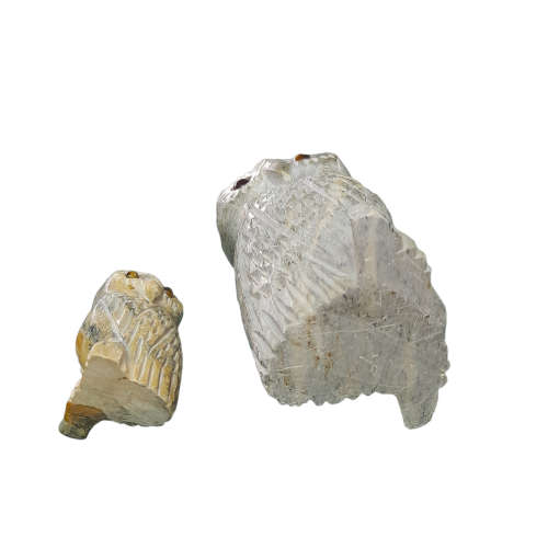 Stone Carved Owls with Tiger`s Eye Eyes, Mom and Baby
