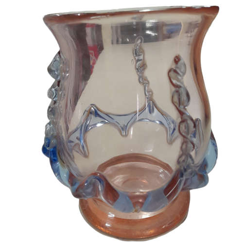 Translucent Pink Glass Vase with Blue Trimming