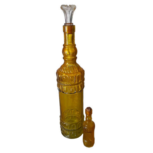 Vintage Yellow Glass Bottle, Decorative Rope Embossed With Miniature