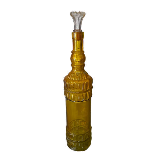 Vintage Yellow Glass Bottle, Decorative Rope Embossed With Miniature