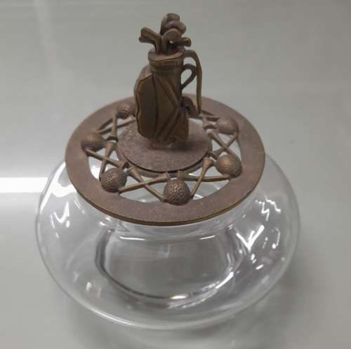 Princess House Pewter Golf Bag and Clubs  Sculpture 1991 On A Glass Jar