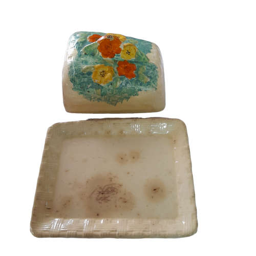 English Hand Painted Butter Dish With Flower. Arthur Wood Art Deco California Pattern