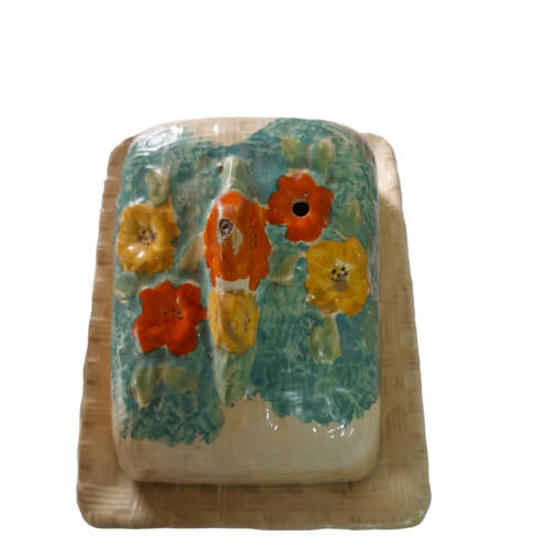 English Hand Painted Butter Dish With Flower. Arthur Wood Art Deco California Pattern