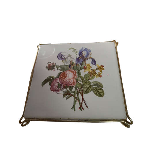 German Saar Vintage Ceramic Trivet With Metal Base- Enamel Pot Stand