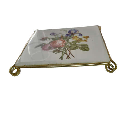 German Saar Vintage Ceramic Trivet With Metal Base- Enamel Pot Stand