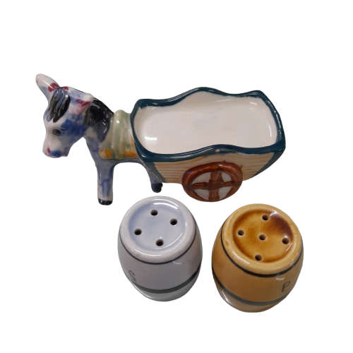 Salt and Pepper Shakers - Donkey with Cart and Two Barrels