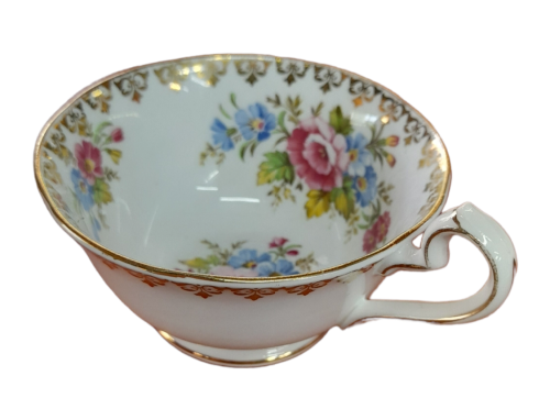 Queen Ann Teacup, Fine Bone China In Pattern 4717, Milti Floral Pattern with filigree, cottage Core