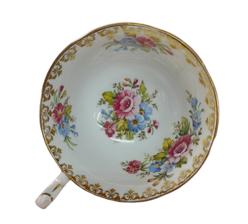 Queen Ann Teacup, Fine Bone China In Pattern 4717, Milti Floral Pattern with filigree, cottage Core