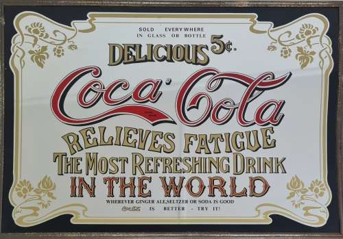 VINTAGE 70`S Coca Cola Mirror Sign Relieves Fatigue 5 Cents 18(45.5cm) x12(30cm) Frame