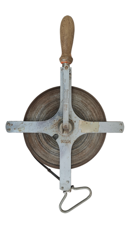 Survey tape measure, Vintage measureing spool, Rabone Chesterman MT016 - 60m, Made in England.