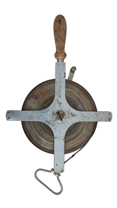 Survey tape measure, Vintage measureing spool, Rabone Chesterman MT016 - 60m, Made in England.