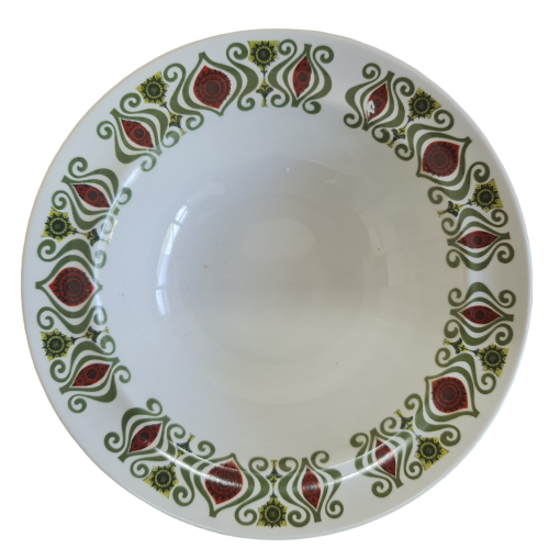 Vintage Pudding dish, Johnson Bros Ironstone, 2 M, Mod Green Flower With Burgundy Red Pattern Band