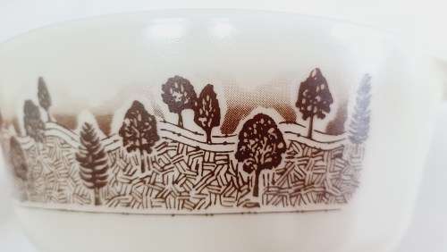 Pyrex England Rustic Brown Trees Round Casserole Dish Vintage Retro