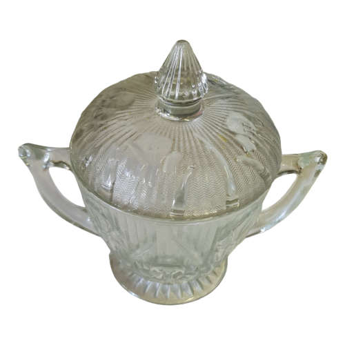 Iris & Herringbone Pattern Clear Sugar Bowl and Lid - Jeannette Glass