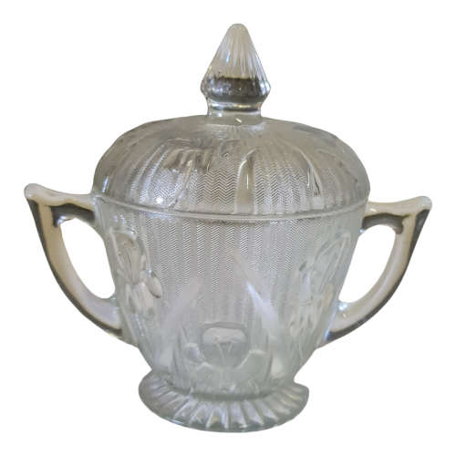 Iris & Herringbone Pattern Clear Sugar Bowl and Lid - Jeannette Glass