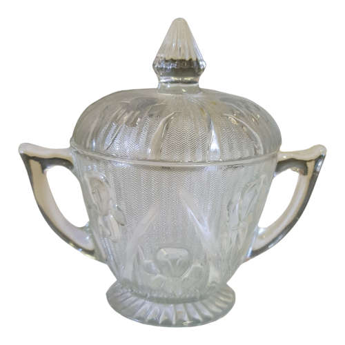 Iris & Herringbone Pattern Clear Sugar Bowl and Lid - Jeannette Glass