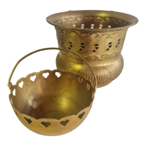 Brass containers, small and large, heart cut outs