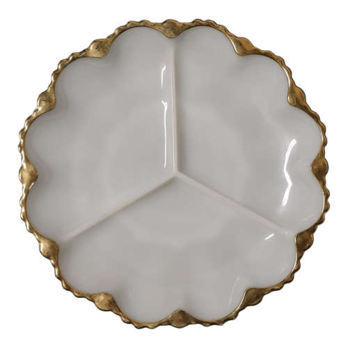 Anchor Hocking Milk Glass Serving Plate Gold Rim - Partitioned Platter