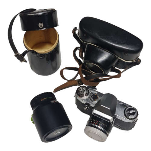 Practica PL nova IB film camera, Meyer-Optik and Sigma Telemax lenses, storage bags, combo