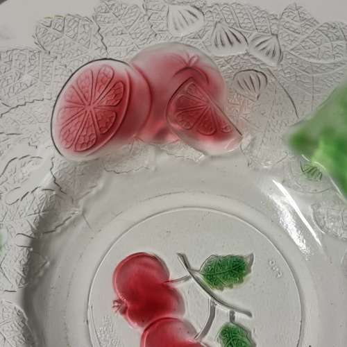 Vintage Indonesia Clear Embossed Milti-Colored Fruit Design Glass Bowl