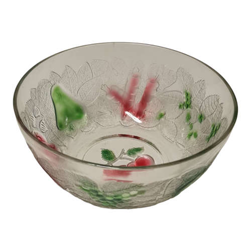 Vintage Indonesia Clear Embossed Milti-Colored Fruit Design Glass Bowl