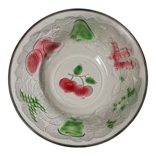 Vintage Indonesia Clear Embossed Milti-Colored Fruit Design Glass Bowl
