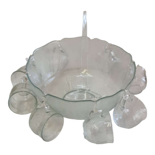 Vintage Arcoroc Fleur PUNCH BOWL SET Flower Petal Large Glass Serving Bowl &Cups