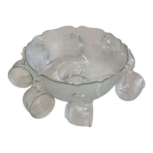 Vintage Arcoroc Fleur PUNCH BOWL SET Flower Petal Large Glass Serving Bowl &Cups