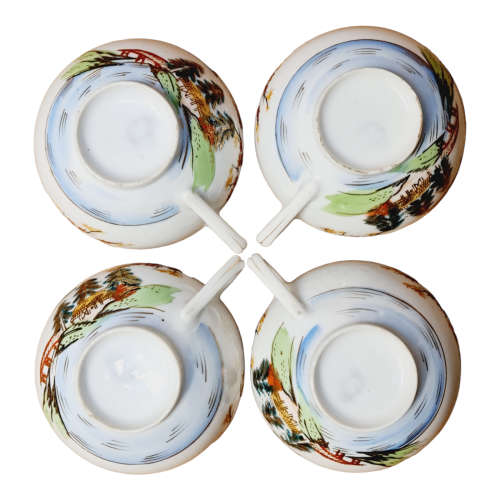 Vintage Japanese Lithophane Geisha Kutani Porcelain Tea Cups and Saucers Bone China Japan, four sets